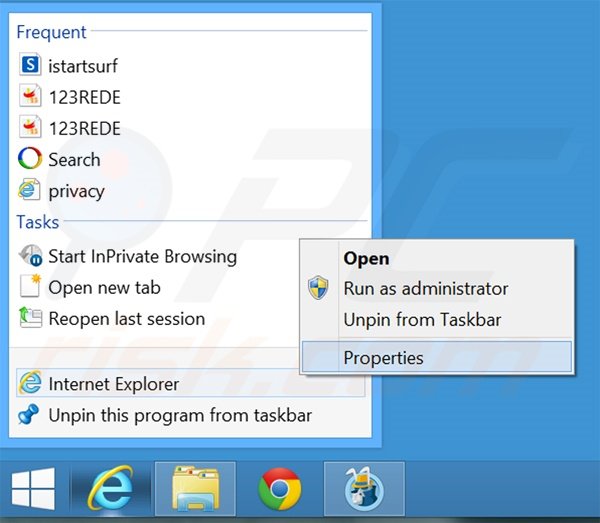 Removing 123rede.com from Internet Explorer shortcut target step 1