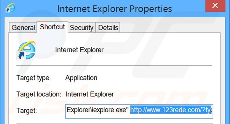 Removing 123rede.com from Internet Explorer shortcut target step 2