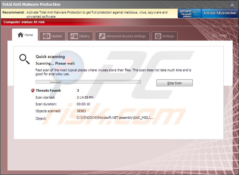 Total Anti Malware Protection fake antivirus program