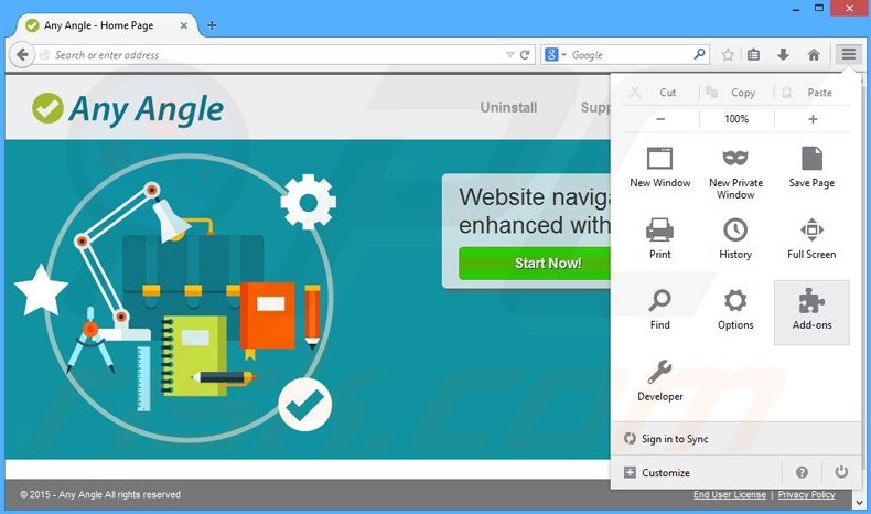 Removing Any Angle ads from Mozilla Firefox step 1