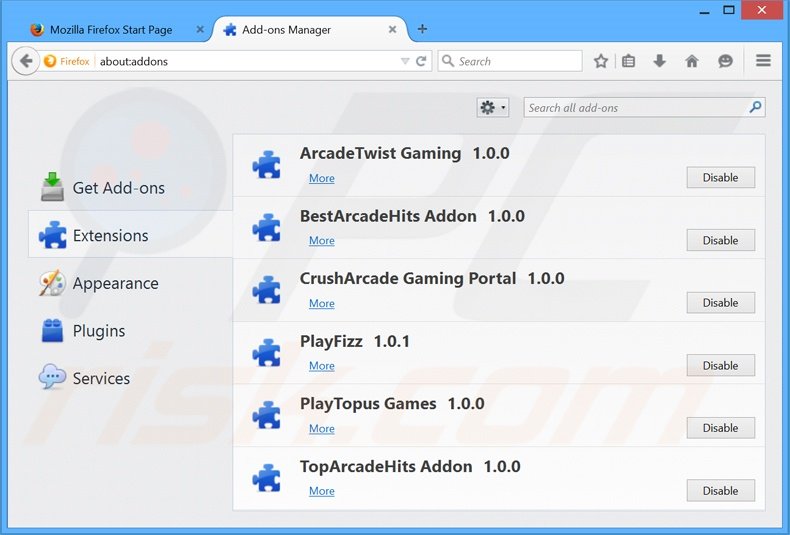 Removing ArcadeTwist ads from Mozilla Firefox step 2