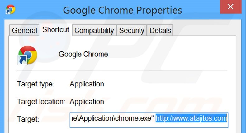Removing atajitos.com from Google Chrome shortcut target step 2
