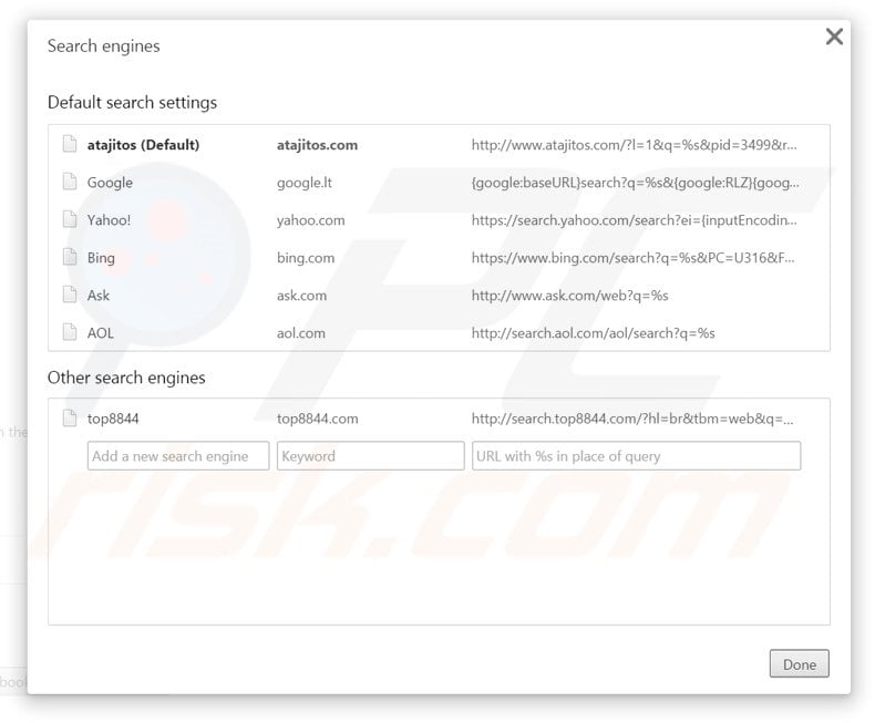 Removing atajitos.com from Google Chrome default search engine