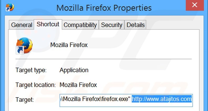 Removing atajitos.com from Mozilla Firefox shortcut target step 2