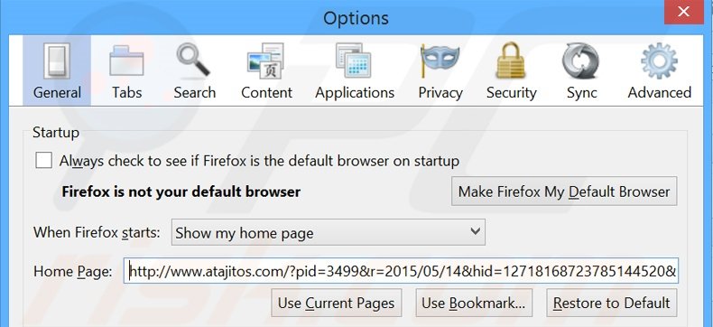 Removing atajitos.com from Mozilla Firefox homepage