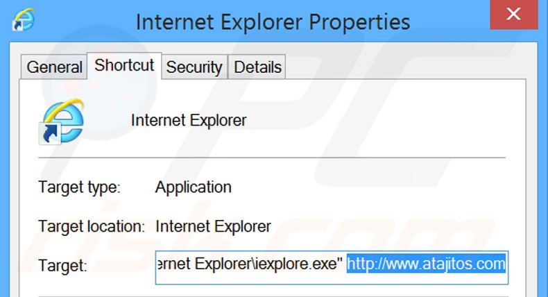 Removing atajitos.com from Internet Explorer shortcut target step 2