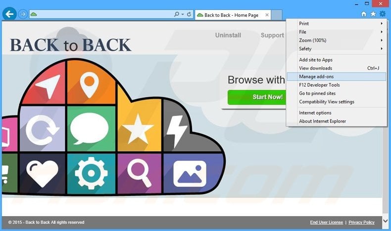 Removing Back to Back ads from Internet Explorer step 1