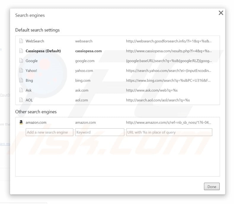 Removing cassiopesa.com from Google Chrome default search engine
