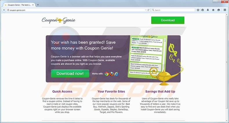 Coupon Genie adware homepage