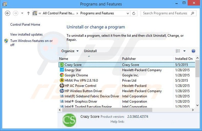 crazy score adware uninstall via Control Panel