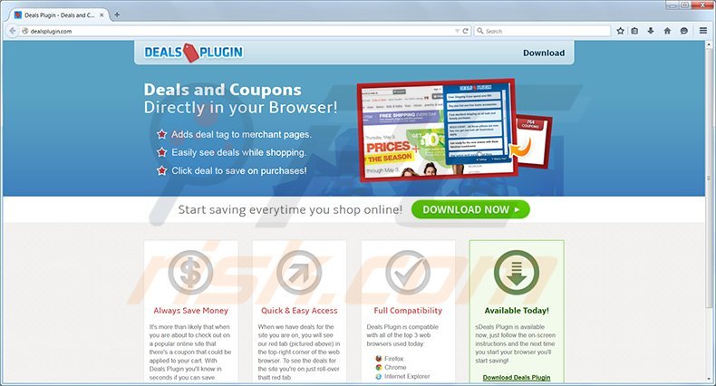 Deals Plugin Adware homepage