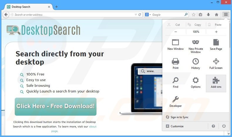 Removing Desktop Search ads from Mozilla Firefox step 1