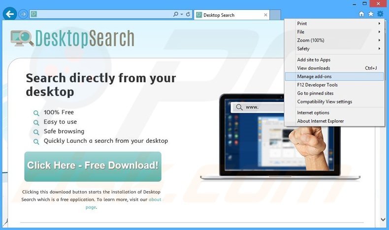 Removing Desktop Search ads from Internet Explorer step 1