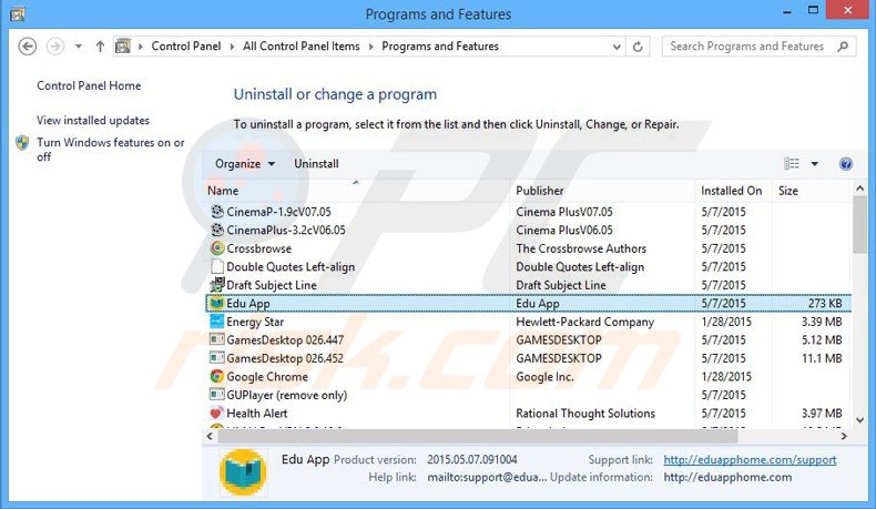 edu app adware uninstall via Control Panel