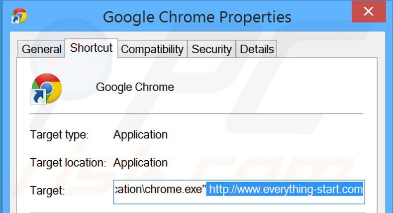 Removing everything-start.com from Google Chrome shortcut target step 2