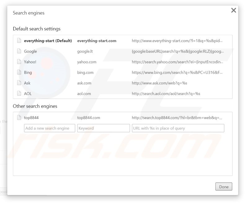 Removing everything-start.com from Google Chrome default search engine