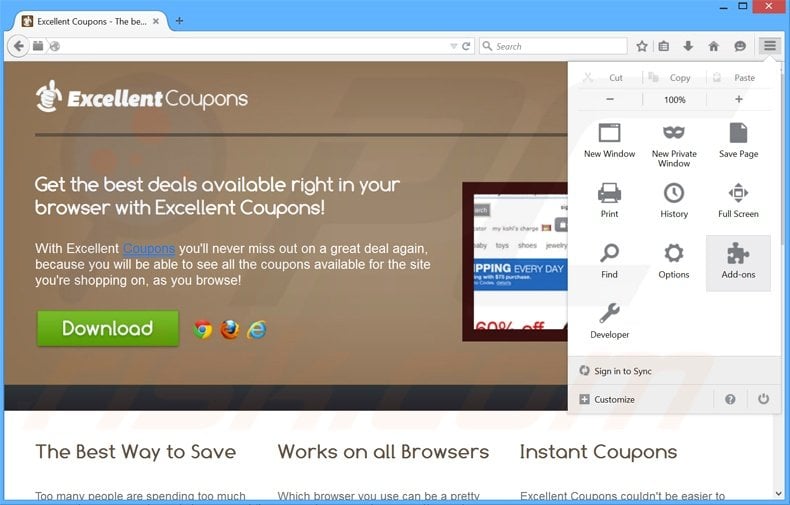 Removing Excellent Coupons ads from Mozilla Firefox step 1
