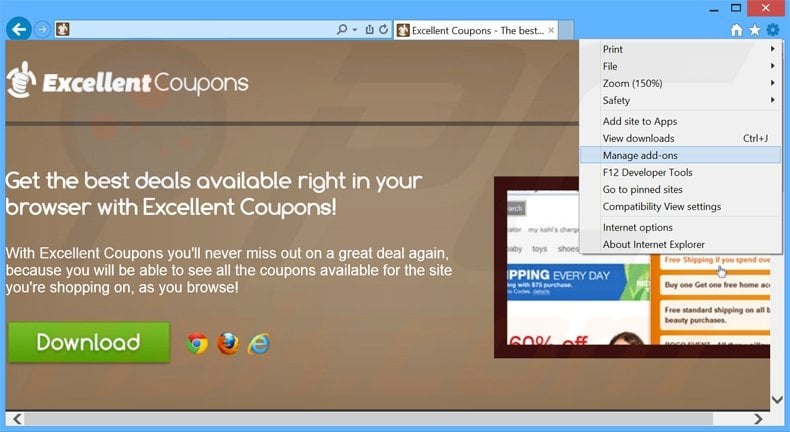 Removing Excellent Coupons ads from Internet Explorer step 1