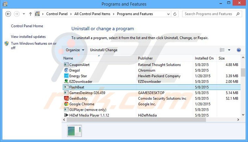 flashbeat adware uninstall via Control Panel