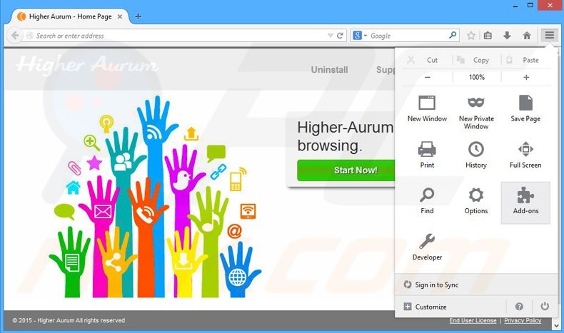 Removing Higher Aurum ads from Mozilla Firefox step 1