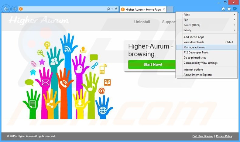 Removing Higher Aurum ads from Internet Explorer step 1