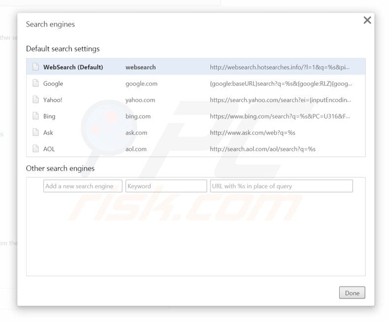 Removing websearch.hotsearches.info from Google Chrome default search engine