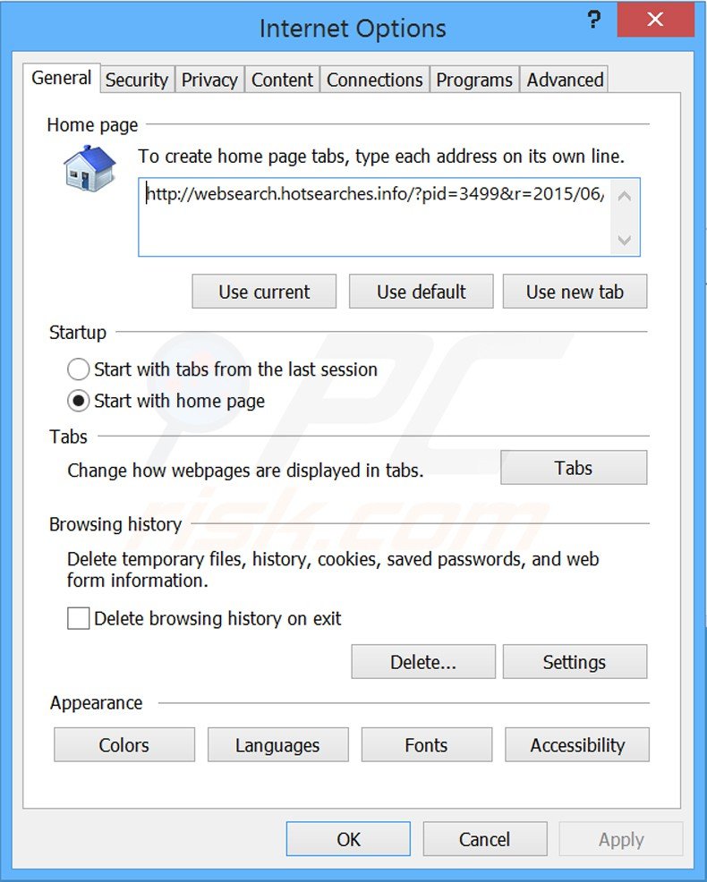 Removing websearch.hotsearches.info from Internet Explorer homepage