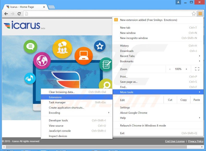 Removing Icarus  ads from Google Chrome step 1
