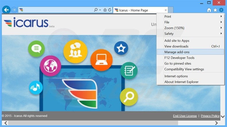 Removing Icarus ads from Internet Explorer step 1