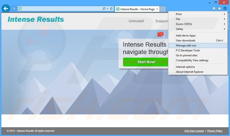 Removing Intense Result ads from Internet Explorer step 1