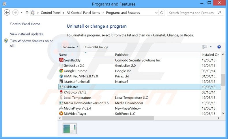kikblaster adware uninstall via Control Panel