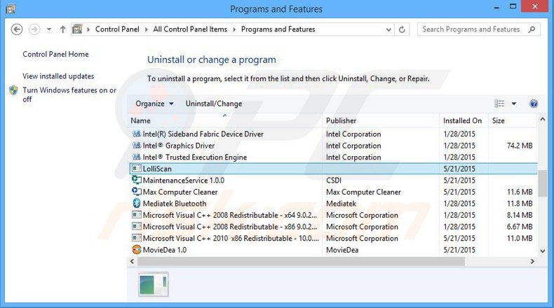 lolliscan adware uninstall via Control Panel