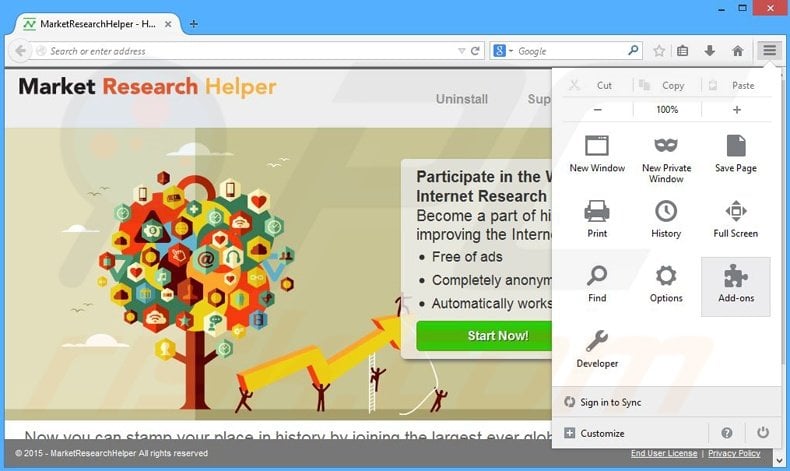Removing Market Research Helper ads from Mozilla Firefox step 1