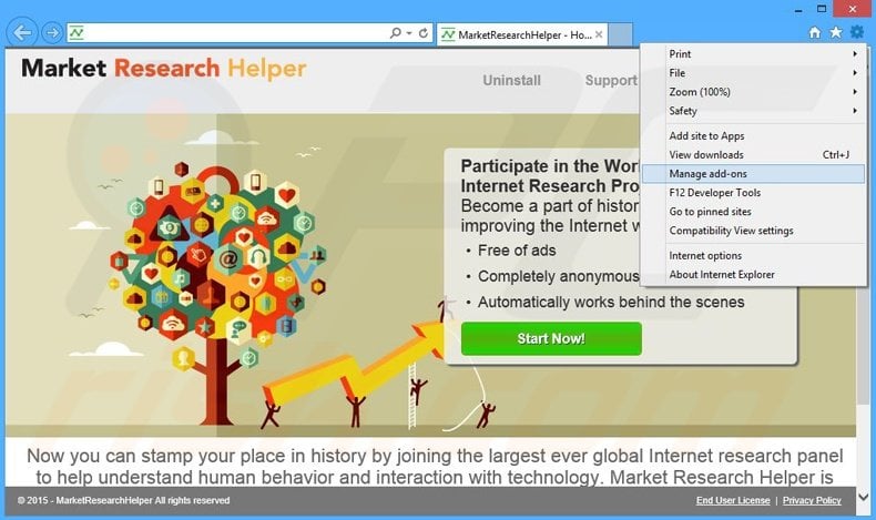 Removing Market Research Helper ads from Internet Explorer step 1