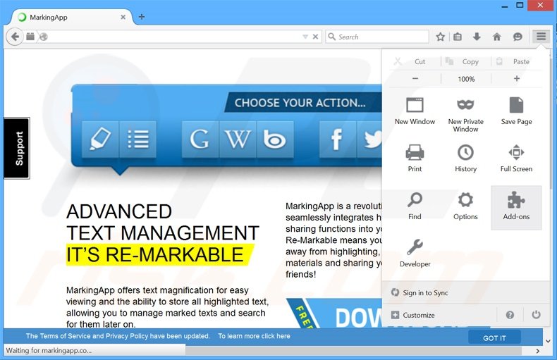 Removing MarkingApp ads from Mozilla Firefox step 1