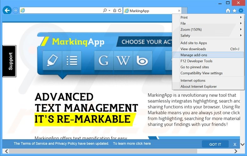 Removing MarkingApp ads from Internet Explorer step 1