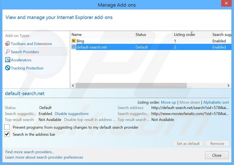 Removing moviesfanatic.com from Internet Explorer default search engine