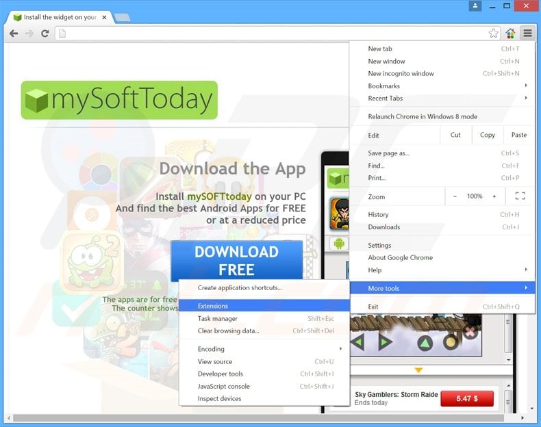 Removing MySoftToday  ads from Google Chrome step 1