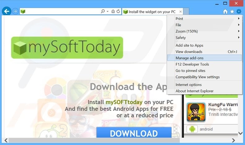Removing MySoftToday ads from Internet Explorer step 1