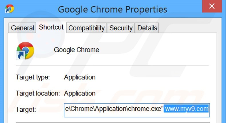 Removing myv9.com from Google Chrome shortcut target step 2