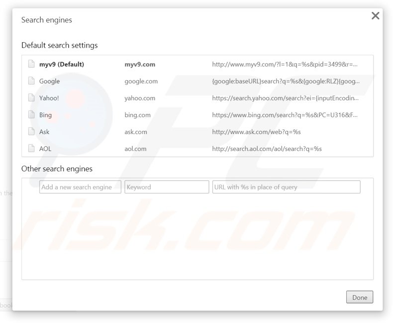 Removing myv9.com from Google Chrome default search engine