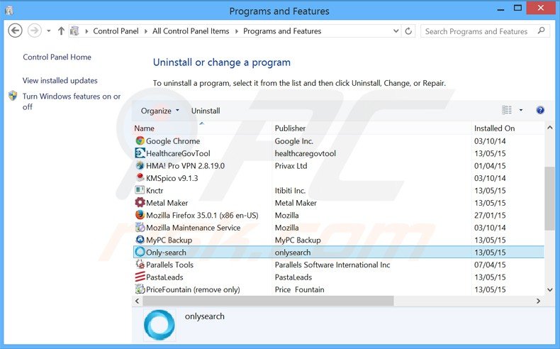 only-search.com browser hijacker uninstall via Control Panel