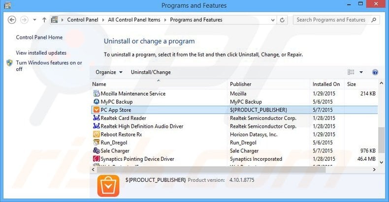 PC App Store adware uninstall via Control Panel