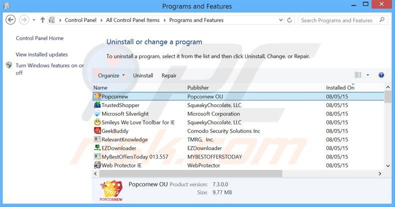 popcornew adware uninstall via Control Panel