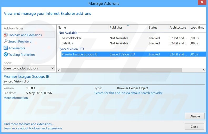 Removing Premier League ScoopsZone ads from Internet Explorer step 2