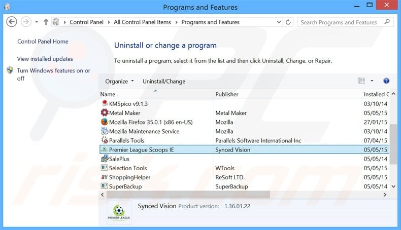 Premier League ScoopsZone adware uninstall via Control Panel