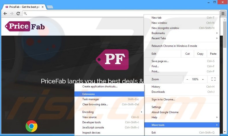 Removing PriceFab ads from Google Chrome step 1