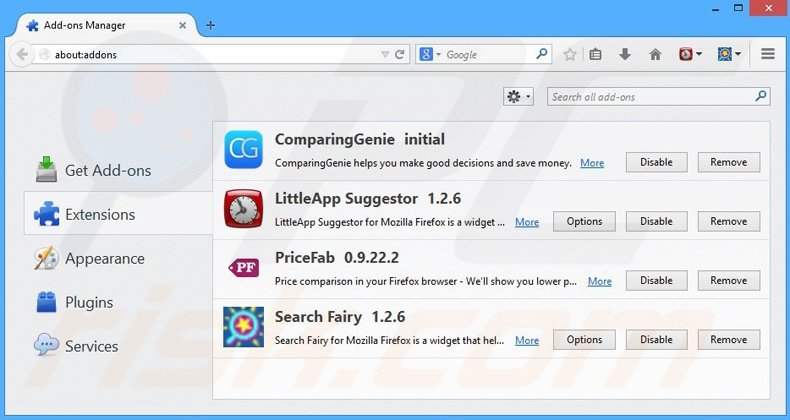 Removing PriceFab ads from Mozilla Firefox step 2