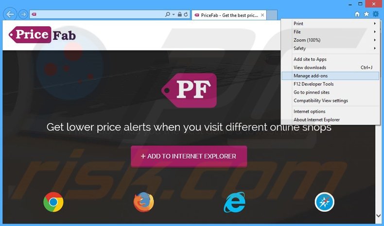 Removing PriceFab ads from Internet Explorer step 1