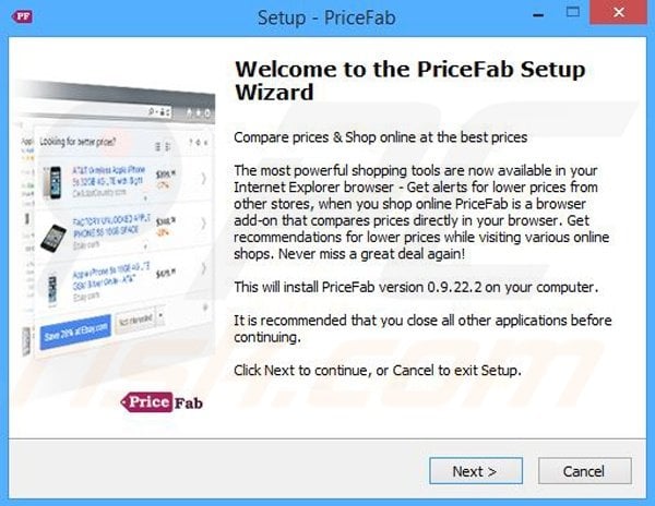 Installer set-up used in PriceFab adware distribution